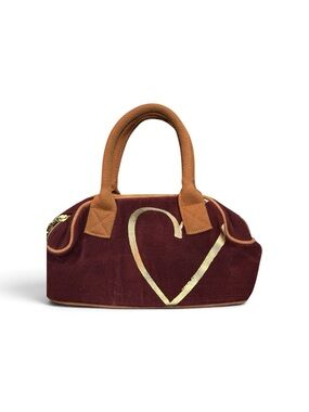 Victoria's Secret Burgundy Mini Bag with Gold Heart and Tan Handles Vintage Y2K